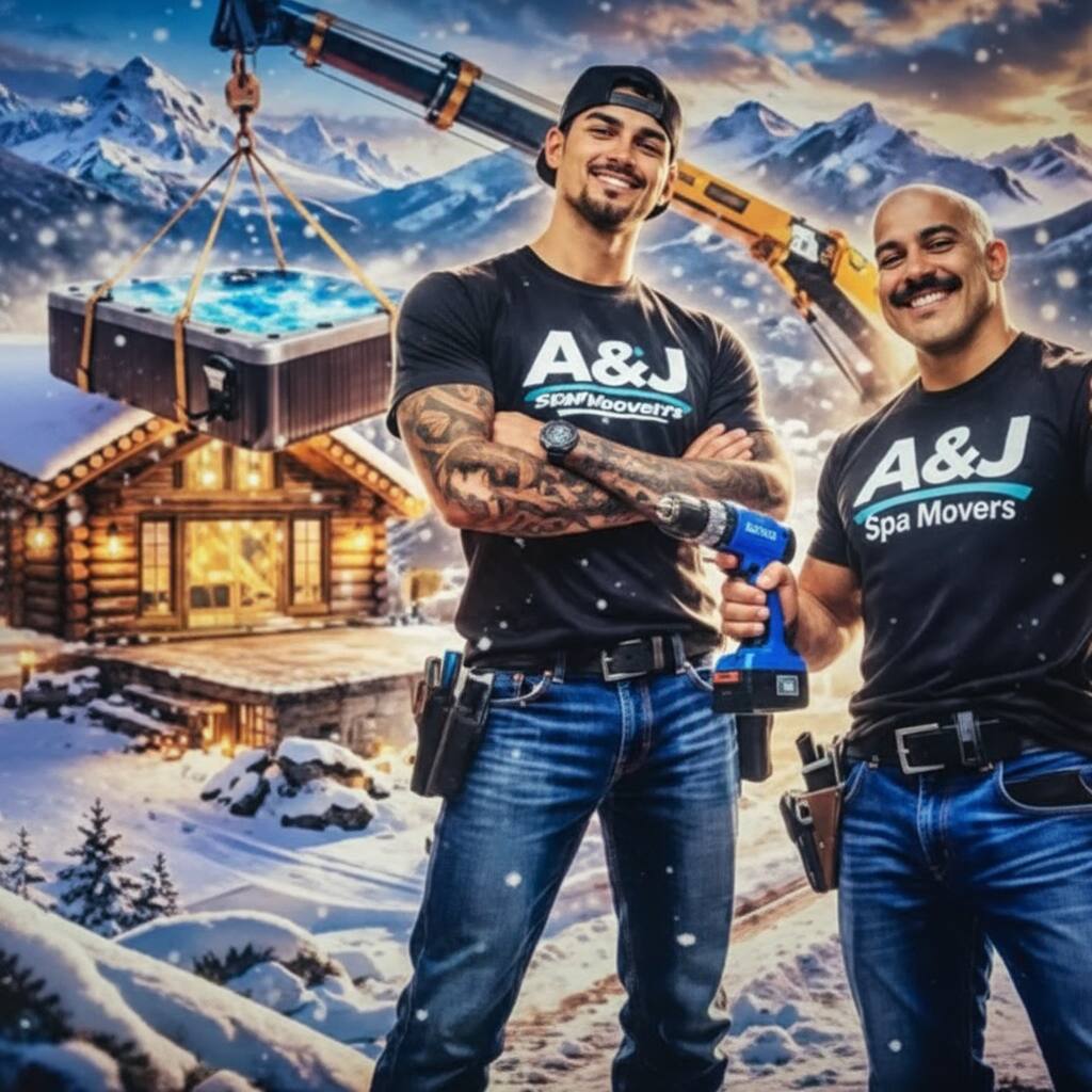 A&J SPA PROS team moving a hot tub with crane equipment